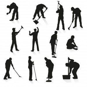 Set of twelve black silhouettes of cleaners